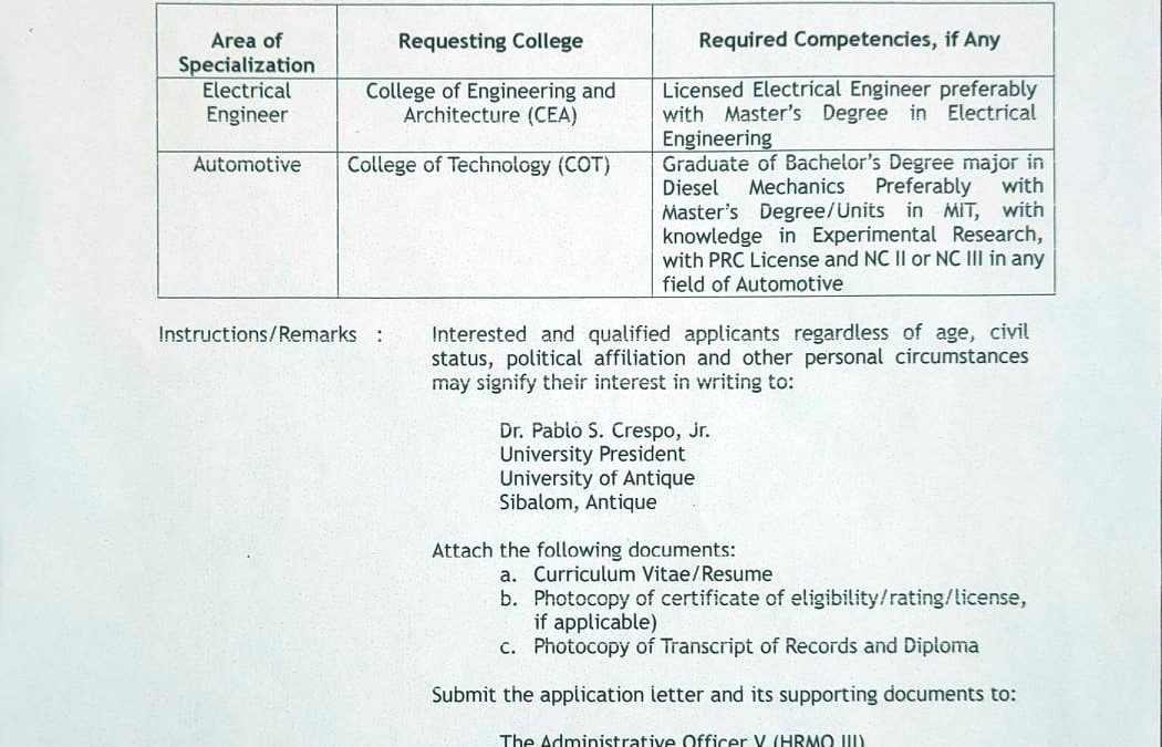 The University of Antique Sibalom Campus is looking for